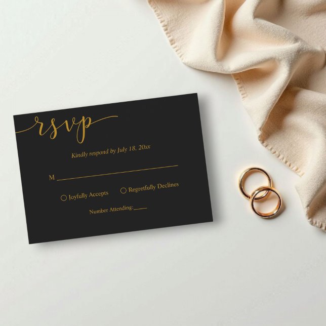 Delicate Black and Gold Script Simple Wedding RSVP Card (Creator Uploaded)