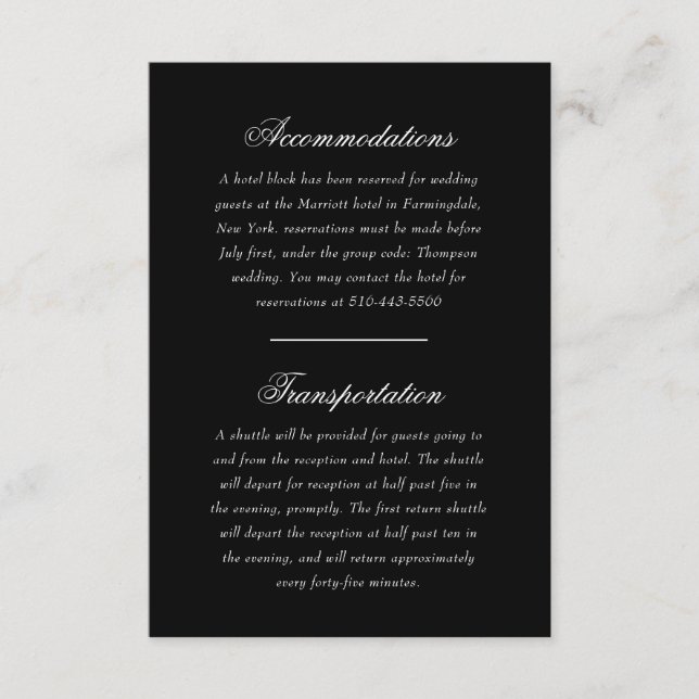 Delicate Black and Gold Script Wedding Direction Enclosure Card (Front)