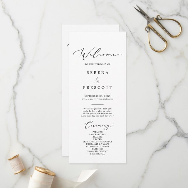 Delicate Black Calligraphy Ampersand Wedding Programme (Front/Back In Situ)