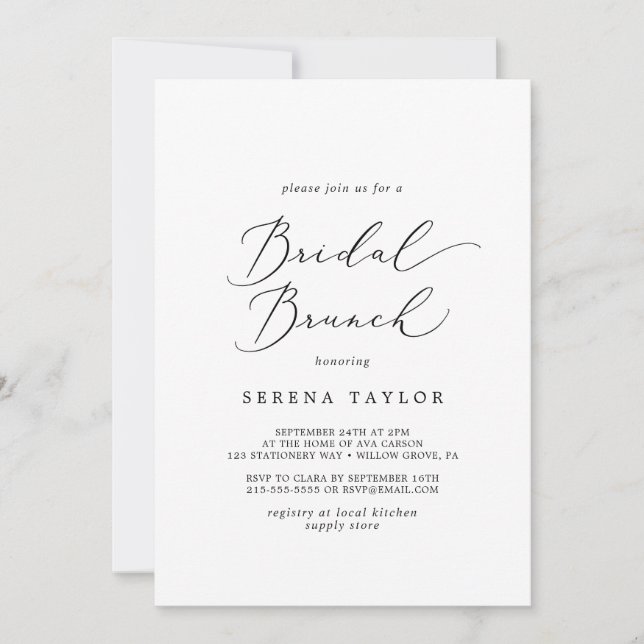Delicate Black Calligraphy Bridal Brunch Invitation (Front)