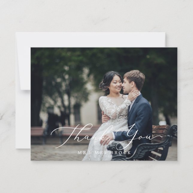 Delicate Black Calligraphy Dark Photo Thank You Card (Front)