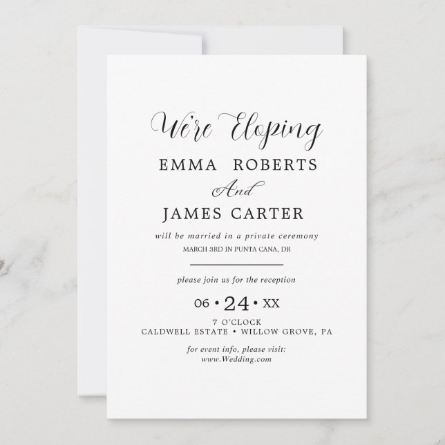 Delicate Black Calligraphy Elopement Reception Inv Invitation (Front)