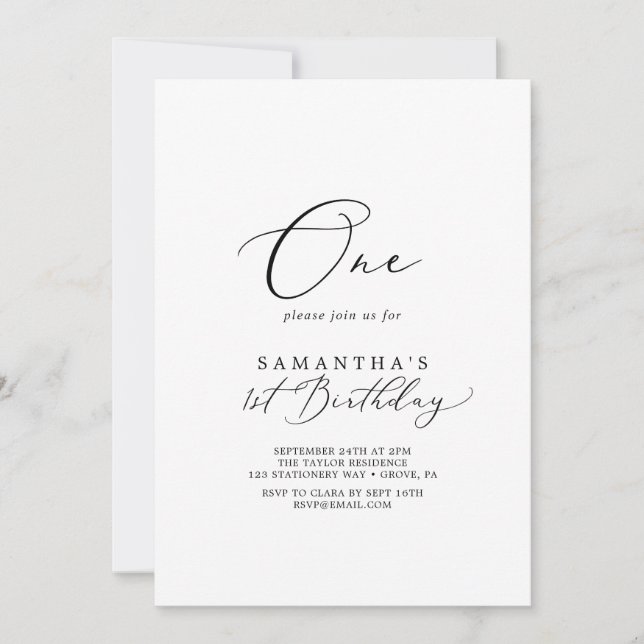 Delicate Black Calligraphy First Birthday Party Invitation (Front)