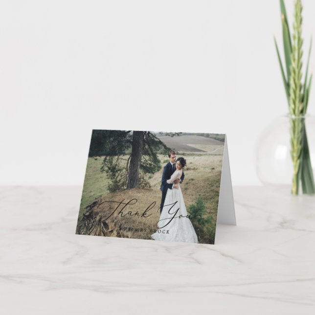 Delicate Black Calligraphy Light Photo Thank You Card (Front)