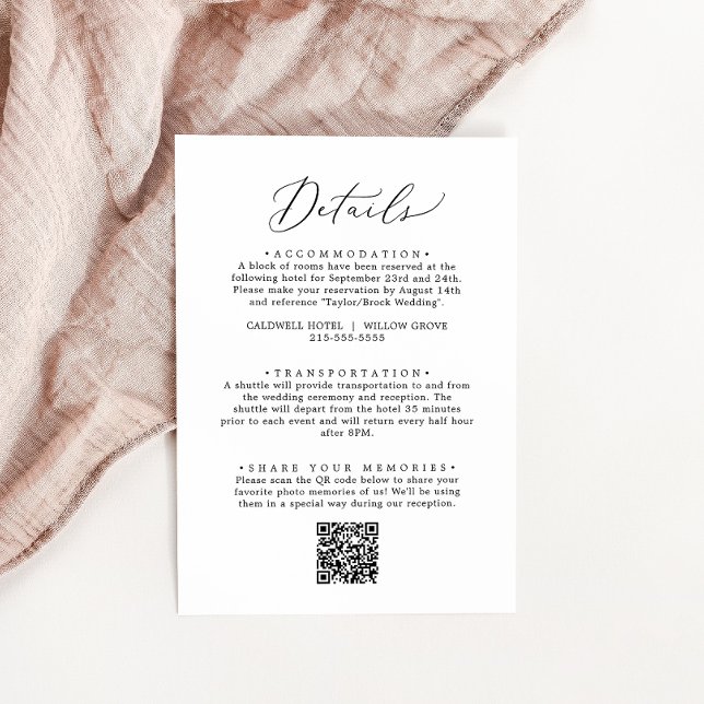 Delicate Black Calligraphy QR Code Details Enclosure Card (Creator Uploaded)