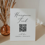 Delicate Black Calligraphy QR Code Honeymoon Fund Pedestal Sign<br><div class="desc">This delicate black calligraphy QR code honeymoon fund pedestal sign is perfect for a modern wedding or bridal shower. The romantic minimalist design features lovely and elegant black typography on a white background with a clean and simple look. Customise your QR code and personalise with your names.</div>