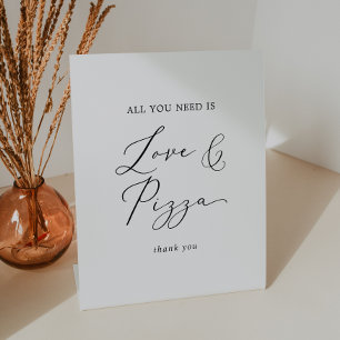 Delicate Black Calligraphy Wedding Love and Pizza Pedestal Sign