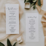 Delicate Black Calligraphy Wedding Party Program Programme<br><div class="desc">This delicate black calligraphy wedding party program is perfect for a modern wedding. The romantic minimalist design features lovely and elegant black typography on a white background with a clean and simple look. Include the name of the bride and groom, the wedding date and location, thank you message, order of...</div>