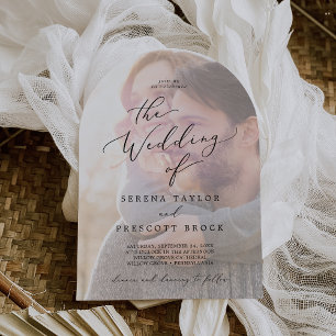 Delicate Black Faded Photo Modern Arch Wedding Invitation
