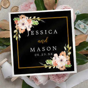 Delicate Black Floral Wedding Cocktail Napkins