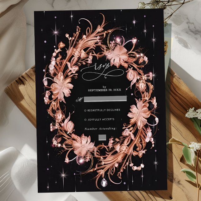 Delicate Black Ornate Floral Wedding RSVP Card (Creator Uploaded)