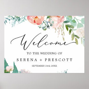 Delicate Black Romantic Peony Wedding Welcome Poster