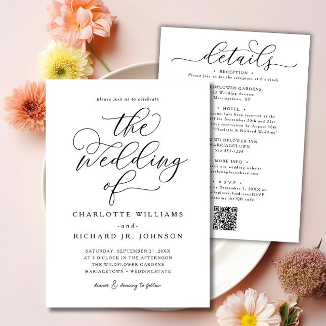 Delicate Black Script All In One QR Code Wedding Invitation (Creator Uploaded)