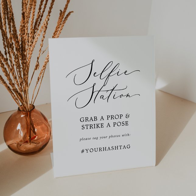 Delicate Black Selfie Station Wedding Hashtag Pedestal Sign (Creator Uploaded)