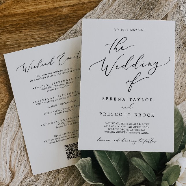 Delicate Black Weekend Events QR Code Wedding Invitation (Creator Uploaded)