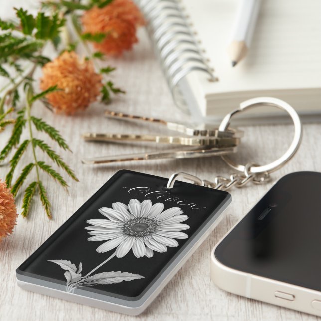 Delicate Black & White Daisy  Key Ring (Front Right)