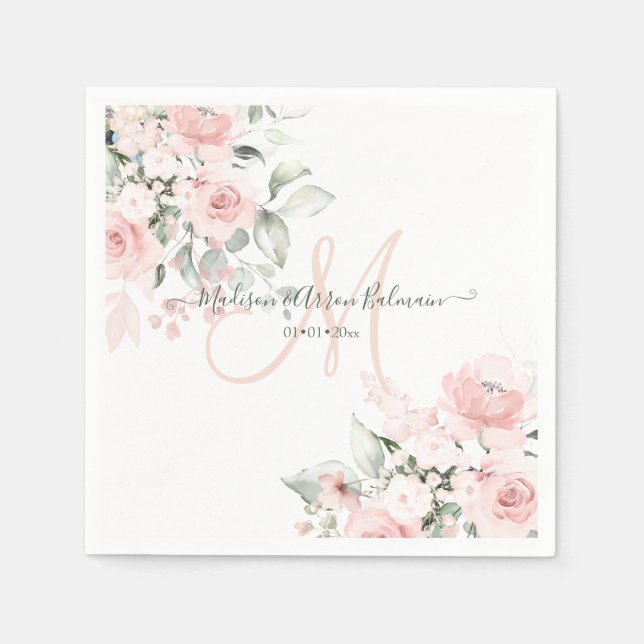 Delicate Bloom Blush Monogram Floral Watercolor Napkin (Front)