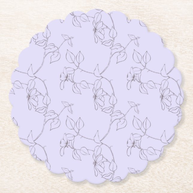 Delicate blooms foliage stem line art lilac purple paper coaster (Front)