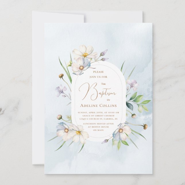 Delicate Blooms Soft Blue Watercolor Baptism Invitation (Front)