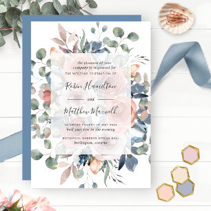 Delicate Blooms with Greenery, Dusty Blue Wedding  Invitation