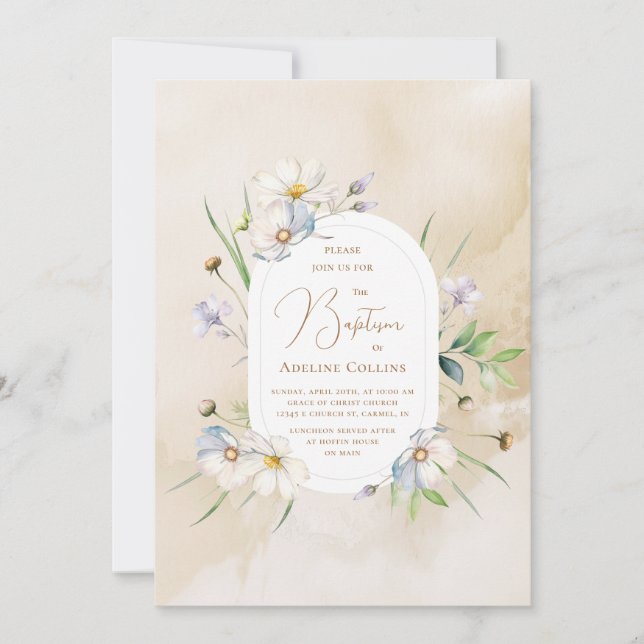 Delicate Blossoms Soft Watercolor Baptism Invitation (Front)
