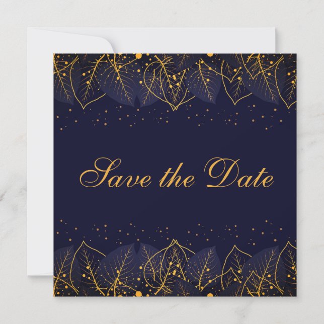 Delicate Blue and Gold Leaves Save The Date (Front)