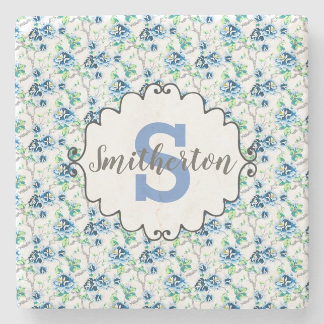 Delicate Blue and White Floral Monogram Stone Stone Coaster (Front)