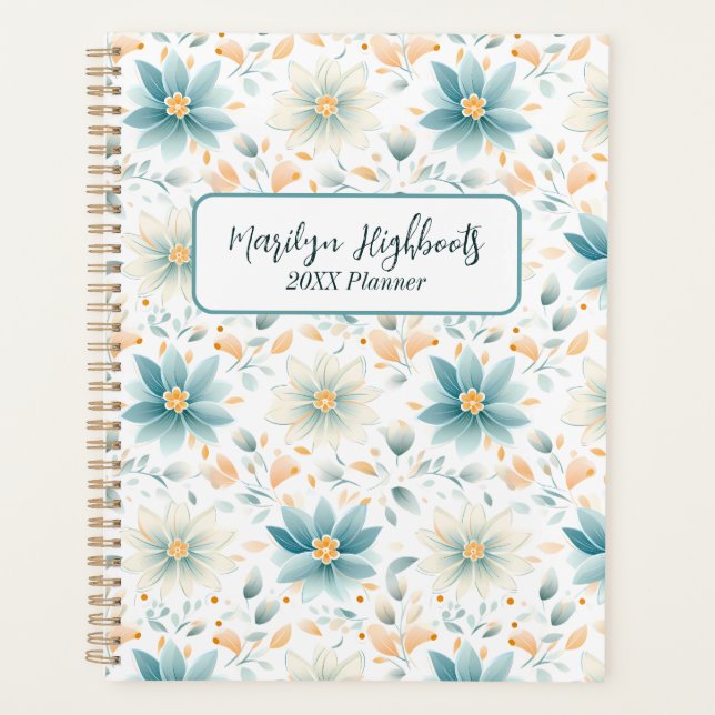 Delicate Blue and White Flowers with Orange Leaves Planner (Front)