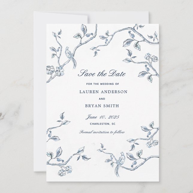 Delicate Blue and white French Toile Save the date Invitation (Front)