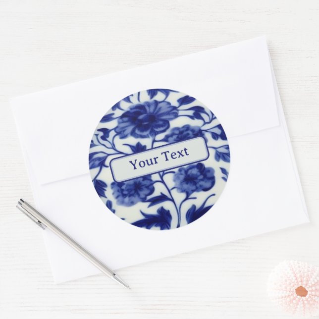 Delicate Blue and White Painted China - Your Text  Classic Round Sticker (Envelope)