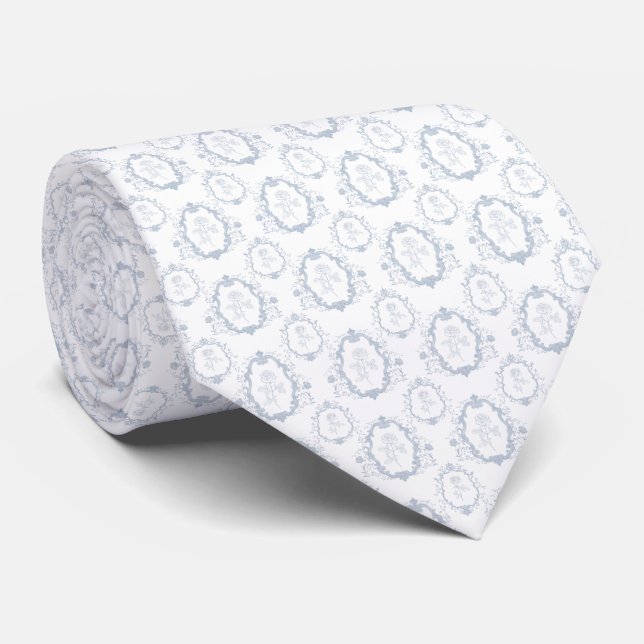 Delicate blue crests and roses neck tie (Rolled)