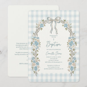 Delicate Blue Floral Arch Gingham Baptism Invitation