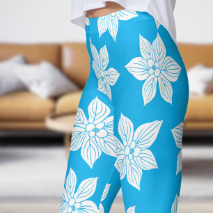 Delicate Blue Floral Bloom Pattern Leggings