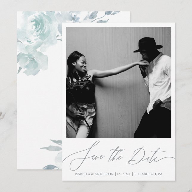 Delicate Blue Floral Calligraphy Photo Save The Date (Front/Back)