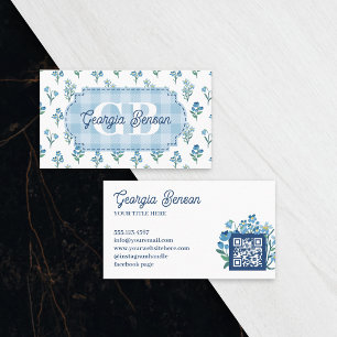 Delicate Blue Floral Monogram Cottagecore Business Card