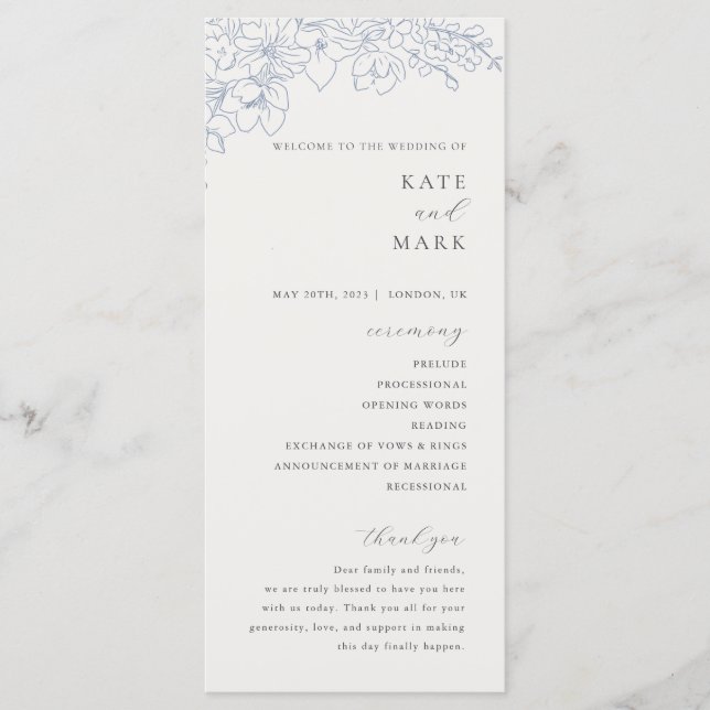 Delicate Blue Floral Wedding Programme (Front)