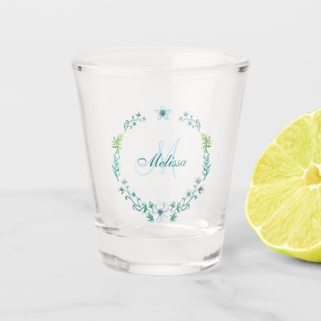 Delicate Blue Floral Wreath Personalised Shot Glass (Front)