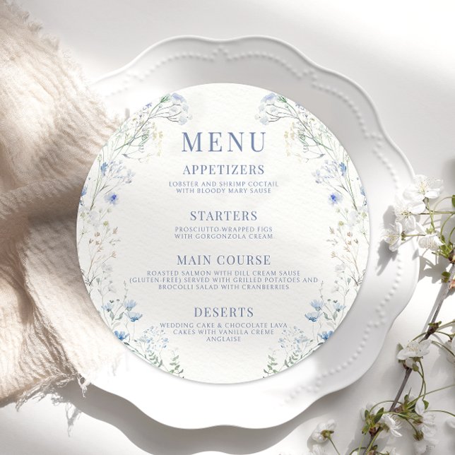 Delicate Blue Floral Wreath Wedding Round Flat Menu (Creator Uploaded)