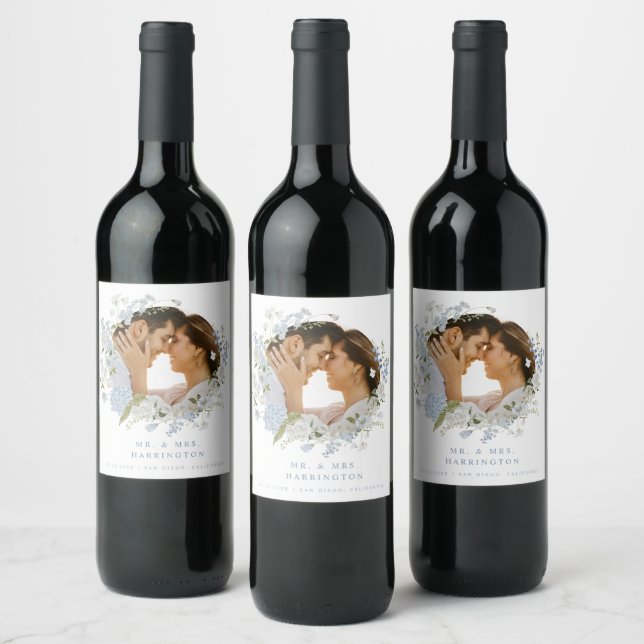 Delicate Blue Floral Wreath Wedding Wine Label (Bottles)
