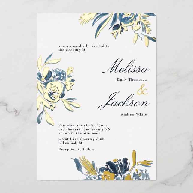 Delicate Blue Flower and Gold Bloom Wedding Design (Front)