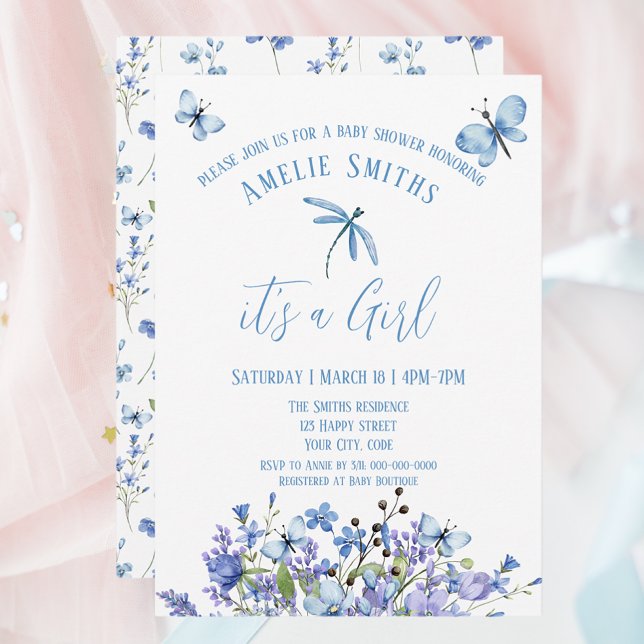 Delicate blue flowers and butterflies Invitation (Creator Uploaded)
