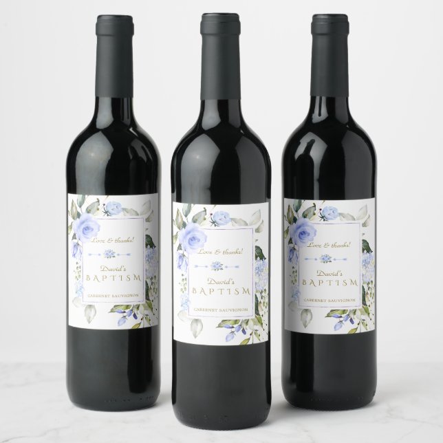 Delicate Blue Flowers Gold Frame Boy Baptism Wine Label (Bottles)