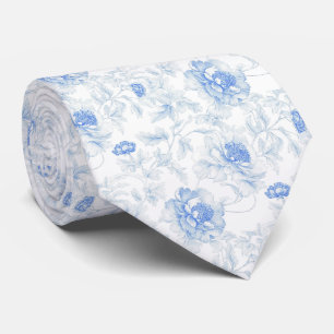 Delicate blue flowers toile de jouy neck tie