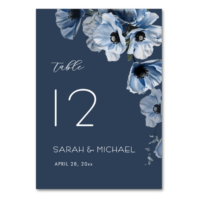 Delicate Blue Flowers Wedding Table Number (Front)