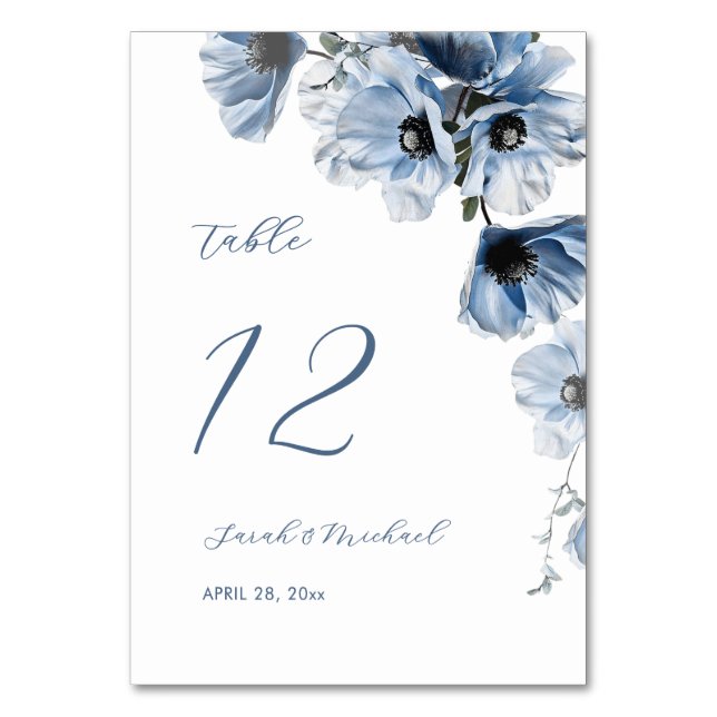 Delicate Blue Flowers Wedding Table Number (Front)