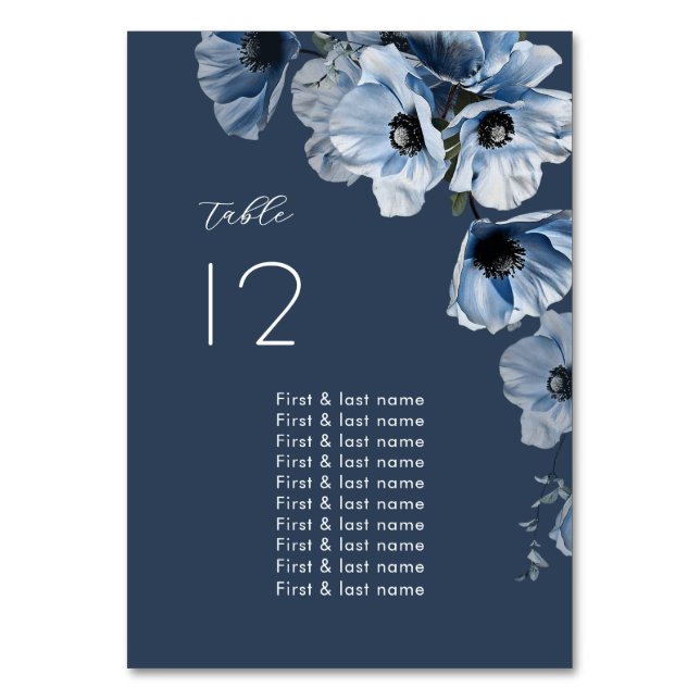 Delicate Blue Flowers Wedding Table Number (Front)