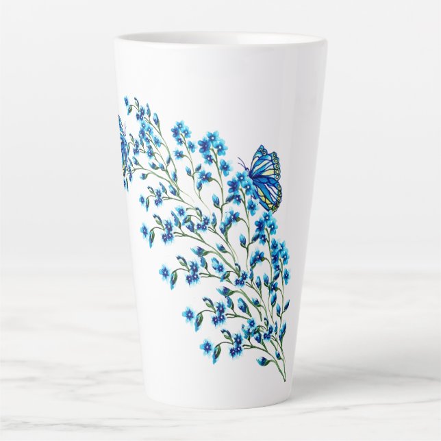 Delicate blue flowers with butterfly latte mug (Front)