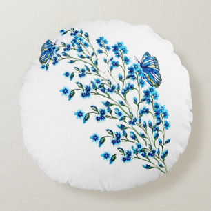 Delicate blue flowers with butterfly round cushion