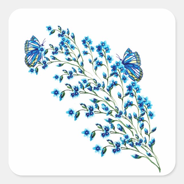 Delicate blue flowers with butterfly square sticker (Front)