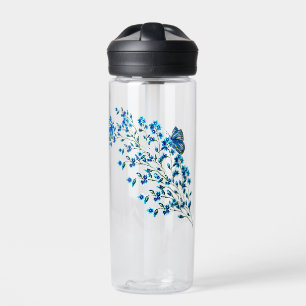 Delicate blue flowers with butterfly water bottle